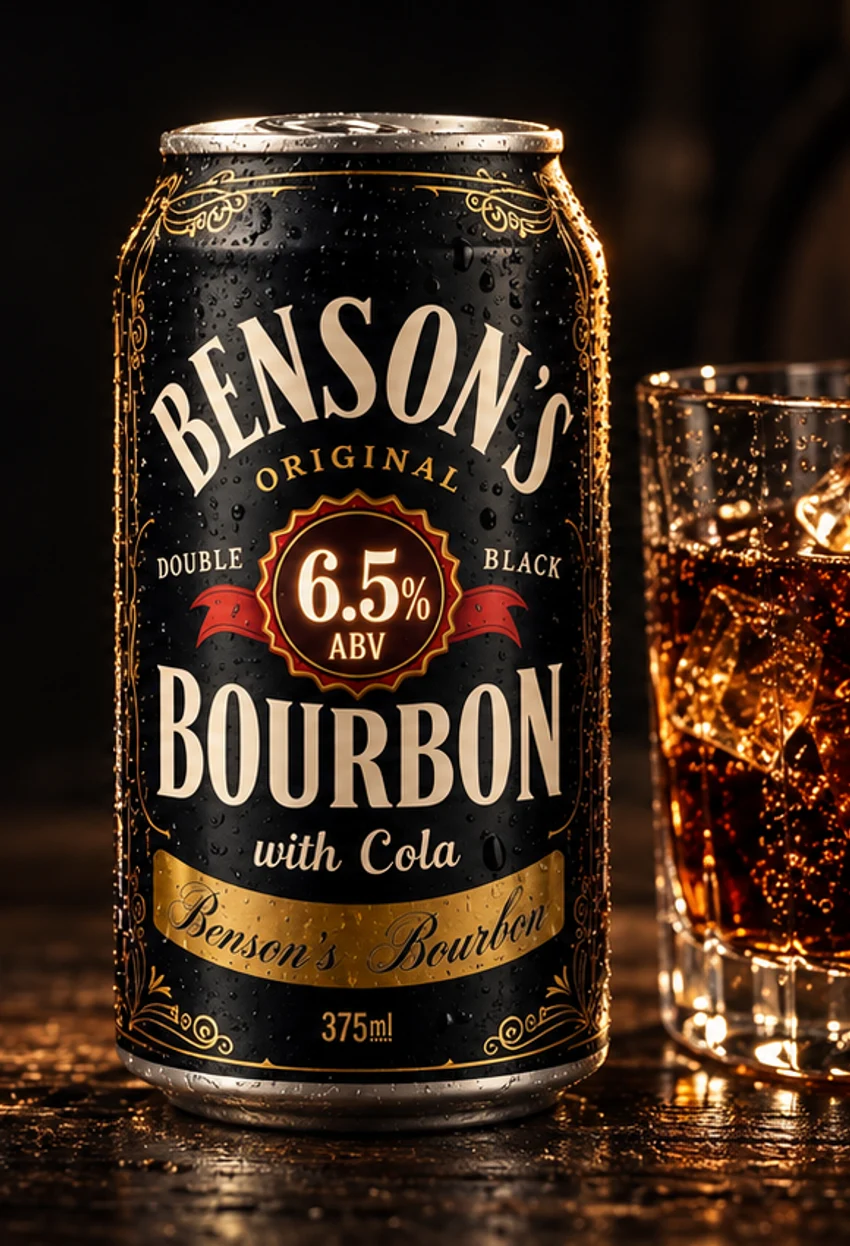 Close detail of the black and gold Benson’s Bourbon with Cola can