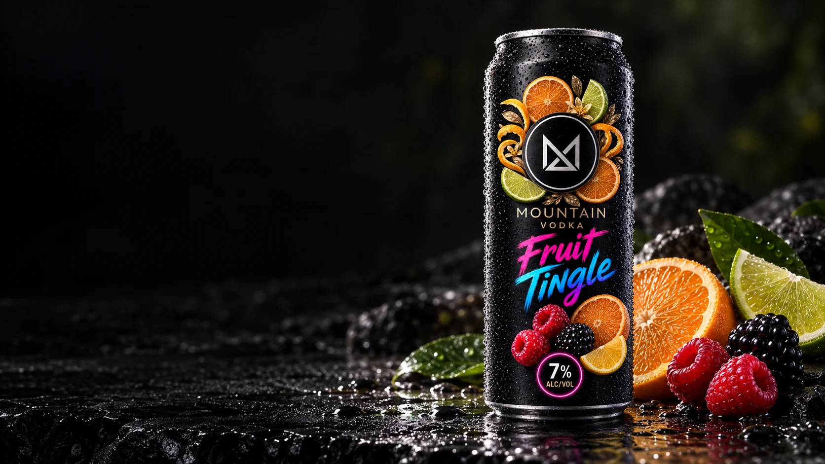 Mountain Fruit Tingle can on dark stone with citrus and berries