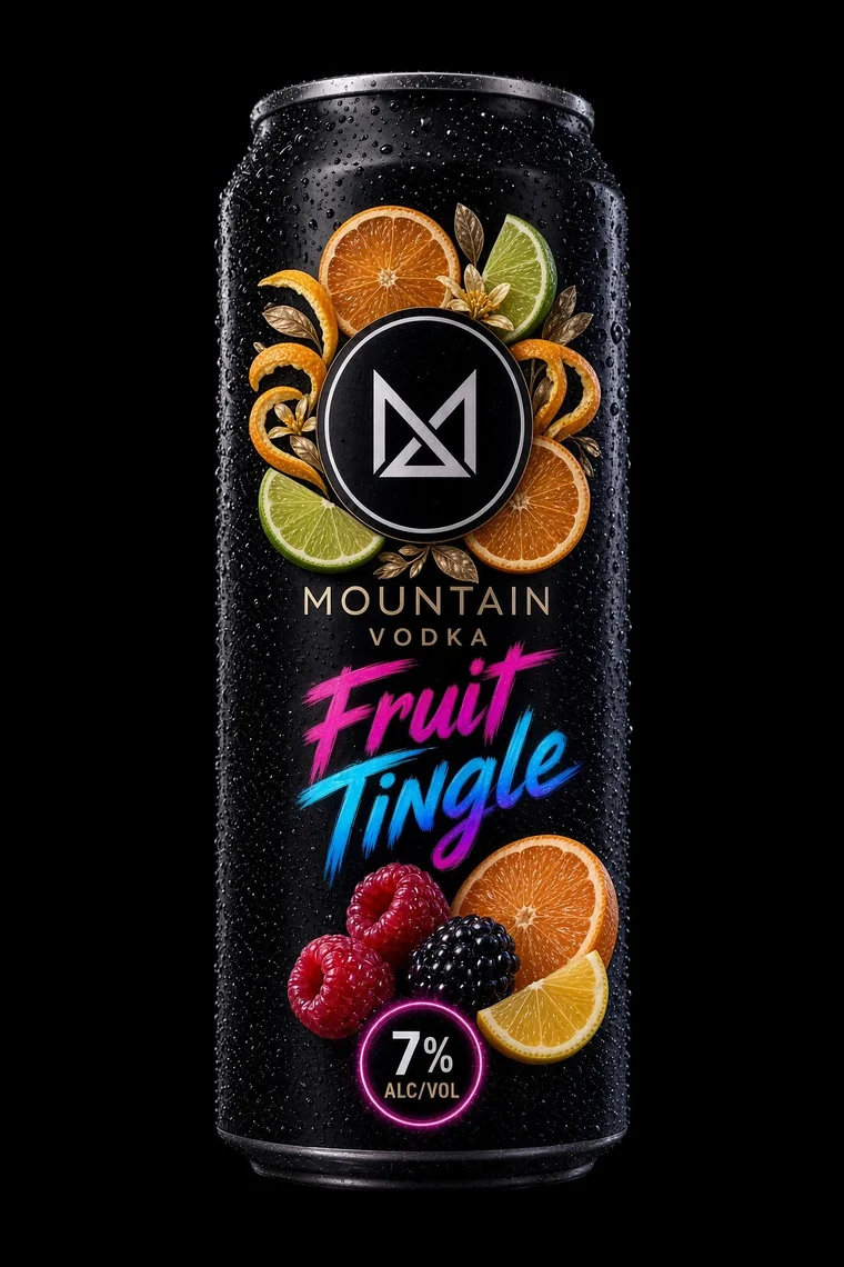 Original Mountain Vodka Fruit Tingle can artwork showing 7% alc/vol