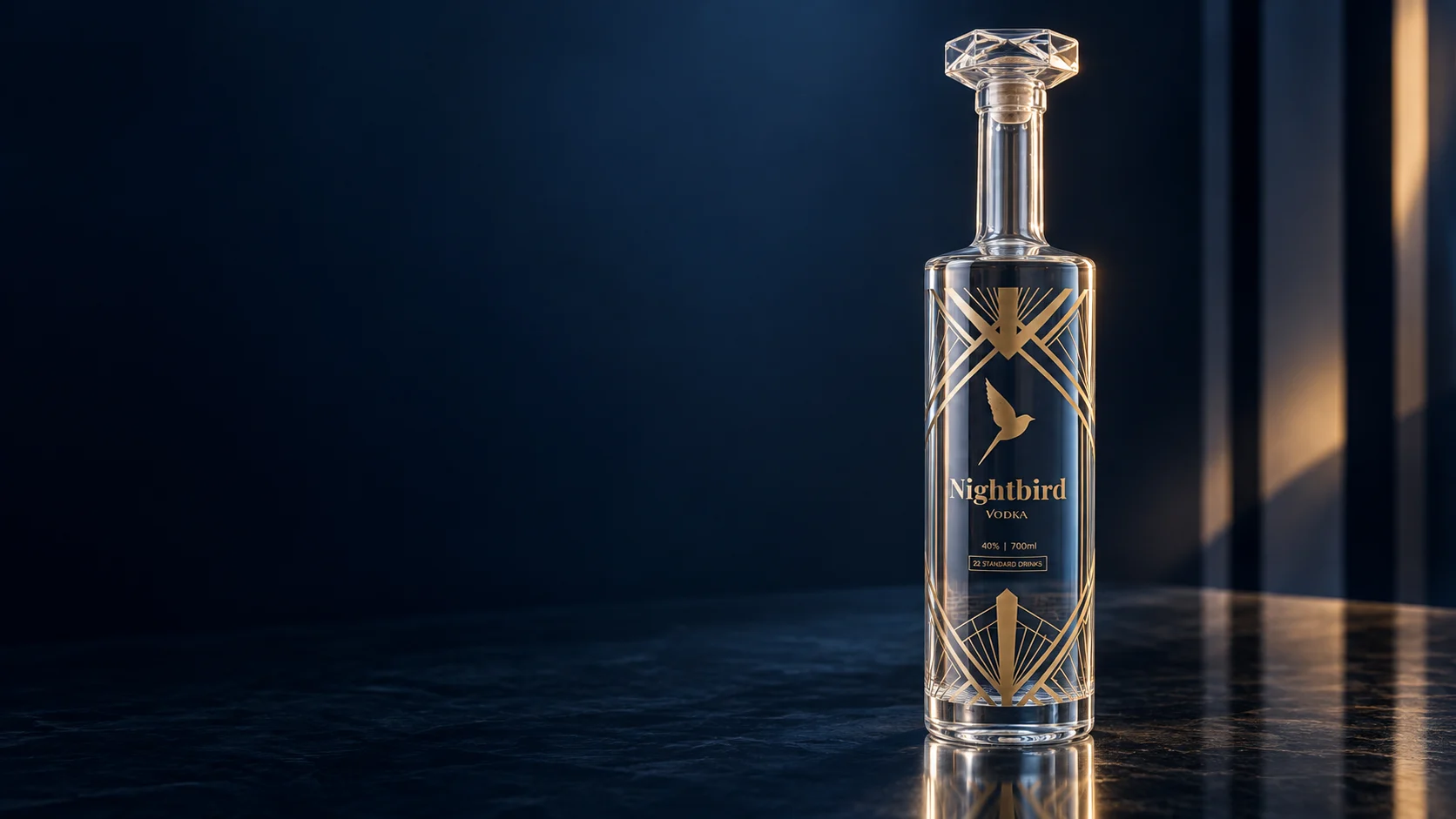 Nightbird Vodka, clear glass and gold Art Deco detailing illuminated against midnight blue