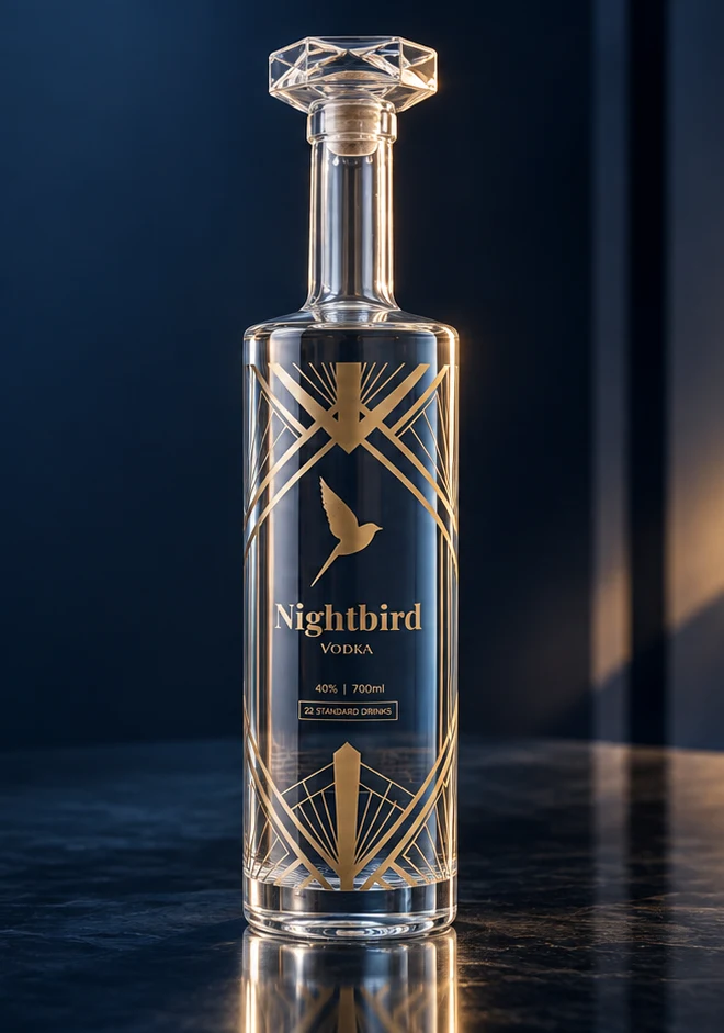 Nightbird’s clear cylindrical bottle, faceted glass stopper and gold bird signature